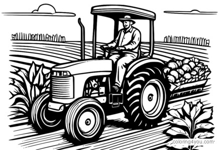 colorida ilustración de un granjero montando un tractor para cosechar verduras