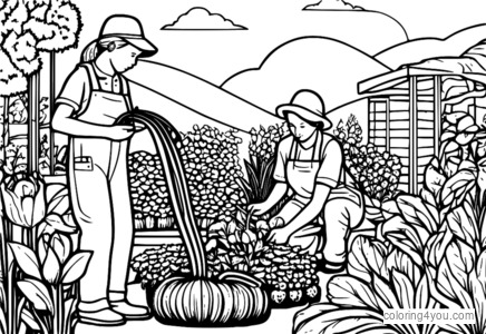 grupo de jardineros regando verduras coloridas, ilustración divertida