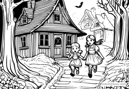 Hänsel und Gretel fliehen aus dem Haus der Hexe