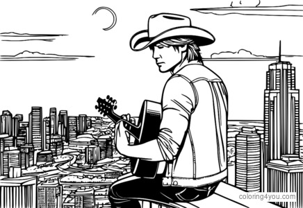 Keith Urban spiller blå guitar med cowboyhat