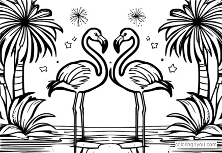 A fun and lively illustration of flamingos celebrating New Year's Eve.