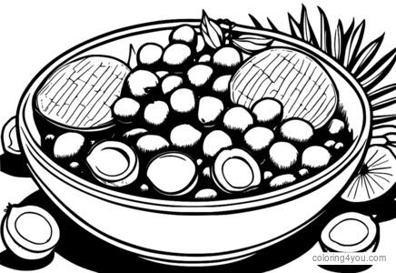 Tropical trail mix coloring page with macadamia nuts and coconut