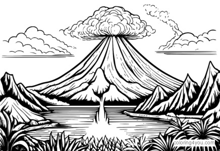 ilustração colorida de um vulcão com lago de lava e nuvens de cinzas