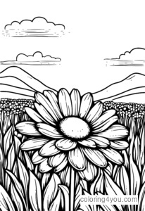 Une illustration colorée d’une fleur de marguerite dans un pré avec une tige vert vif et quelques feuilles.