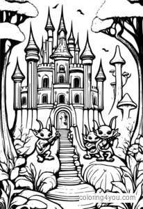 Forest with goblins playing instruments in mushroom castle