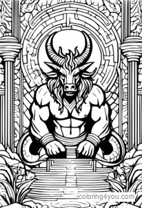 A minotaur facing a fierce dragon in a dark, mysterious labyrinth.