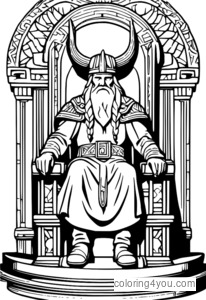 Odin sitter på sin trone omgitt av symboler på visdom og kunnskap