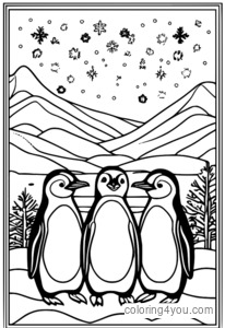 Gruppe von Pinguinen und Schneemännern, die zusammen im Schnee spielen, umgeben von Schneeflocken und einem strahlend blauen Himmel