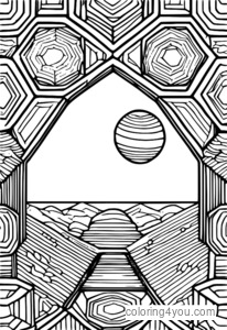 Une page de coloriage gratuite en ligne d'hexagones répétitifs sur le thème de l'espace