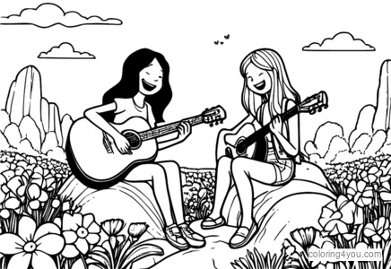 Bonnie och Marceline skrattar och spelar, med en gitarr på en sten, omgiven av blommor.