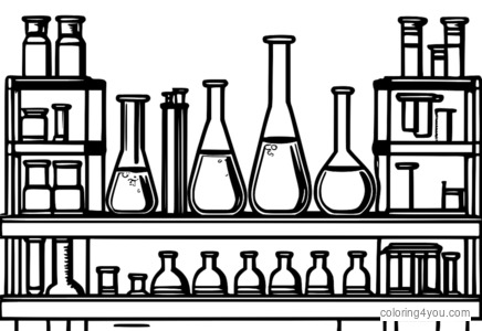 Chemistry lab coloring page with test tubes and beakers.