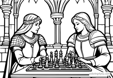 Damsel playing chess with a knight in a medieval-style game