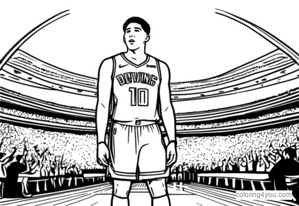 Coloring page of Devin Booker making a three-point shot.