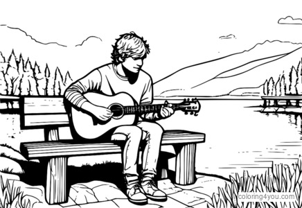 Ed Sheeran sitting near fish lake with a guitar