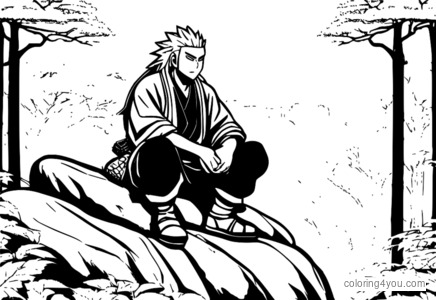 Jiraiya ninja κάθεται σε έναν ογκόλιθο σε ένα ομιχλώδες δάσος.