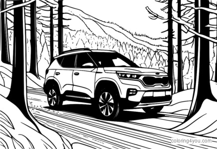 Kia Seltos driving through a snowy forest