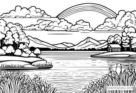 coloriage d'un lac avec des cumulus réfléchis sur l'eau