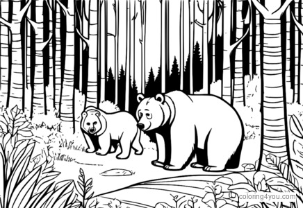 Masha and the Bear playing in the forest with various animals - Coloring Page