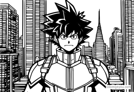 Midoriya Izuku iš My Hero Academia savo herojaus kostiumu