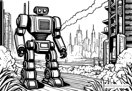 Coloring page of a post-apocalyptic world with robots from The Mitchells vs. The Machines movie