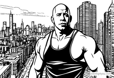 Vin Diesel sem almenn hasarhetja fyrir framan sjóndeildarhring borgarinnar