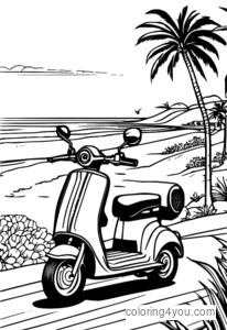 Scooter elettrico sul sentiero costiero con una spiaggia sullo sfondo.