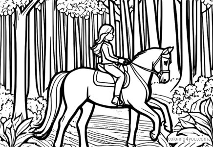 Coloring page of Felicity from American Girl Doll riding a horse through the woods in Williamsburg.