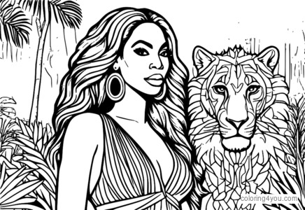 Beyoncé als leeuwin, junglelandschap, liedboek en microfoon