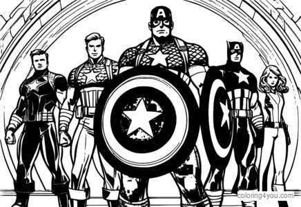 Kapten Amerika mimpin tim Avengers, ngadeg karo tameng, katon yakin