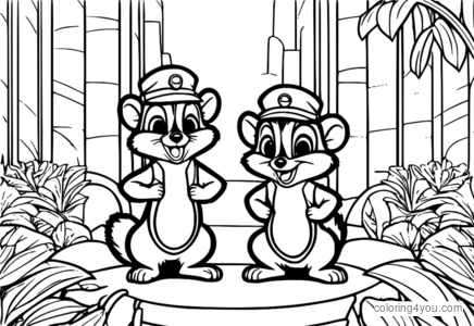 Chip 'n Dale standing in front of rescue rangers logo