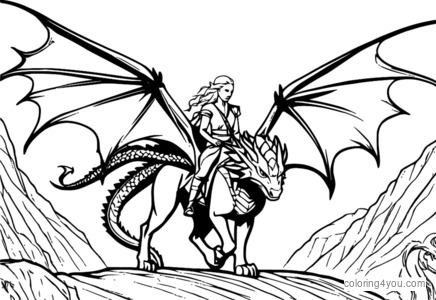 Daenerys Targaryen riding a dragon coloring page