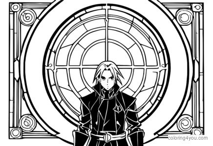 Edward Elric mban një rreth të madh alkimie me runa të ndezura