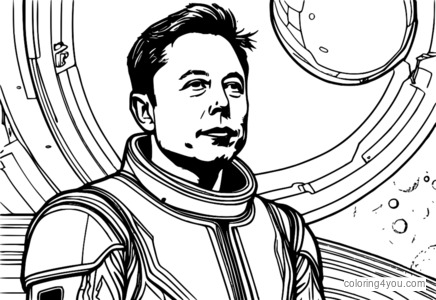 Elon Musk i gculaith spáis, leathanach dathúcháin do na páistí