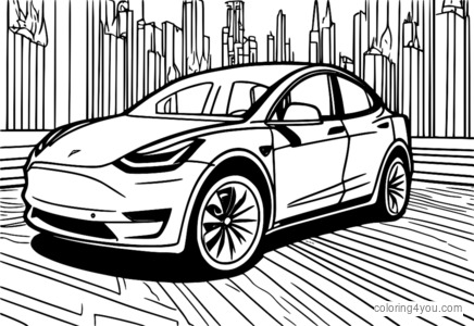 Tesla Model Y met vlammen en een lachend gezicht