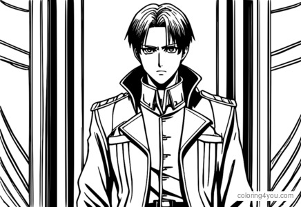 halaman mewarna Levi Ackerman gothic dari Attack on Titan dengan latar belakang hitam.