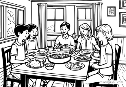 La famiglia di Greg Heffley seduta a tavola a mangiare