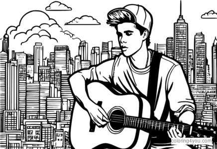 Justin Bieber gra na gitarze z dymkiem na tle miasta