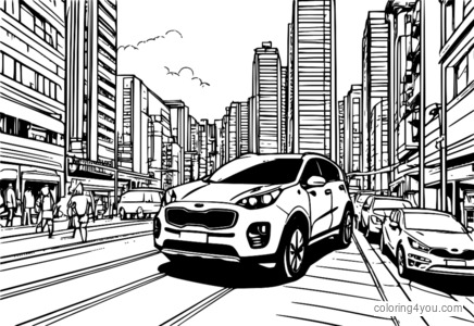 Dibujo para colorear de Kia Sportage conduciendo por la ciudad