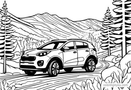 Coloring page of Kia Sportage driving in snow