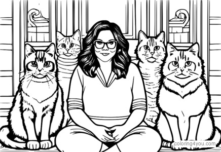 Melissa McCarthy habillée en dame aux chats entourée de chats