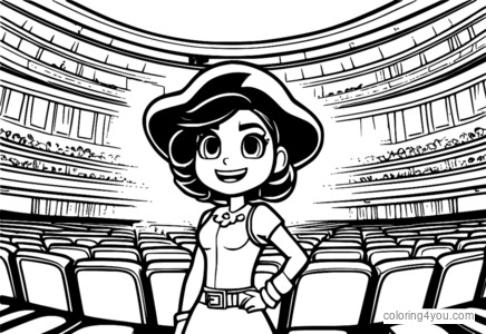 Coloring page of Melodie from Brawl Stars singing in a concert hall