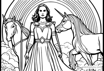 Natalie Portman as Jane Foster from Thor standing next to a unicorn