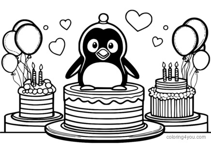 Ang birthday party ni Pingu na may mga lobo at cake.