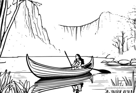 Pocahontas at John Smith coloring page sa isang canoe