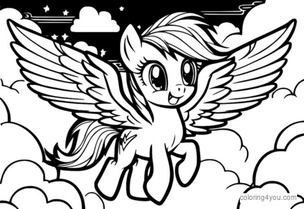 Rainbow Dash vola nel cielo con ali colorate