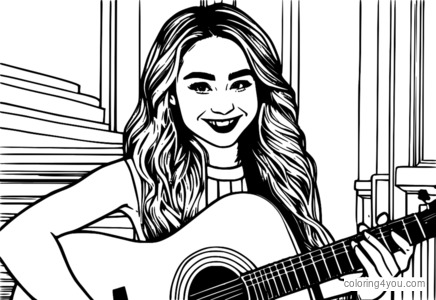 Sabrina Carpenter mỉm cười và cầm cây đàn guitar