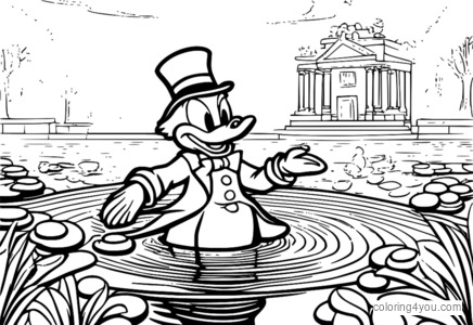 Scrooge McDuck plava v bazenu zlatih kovancev