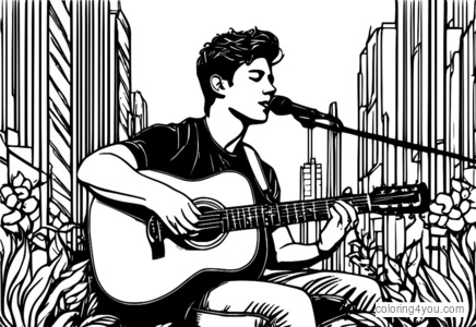 Nota muzik dan tali gitar di sekitar Shawn Mendes