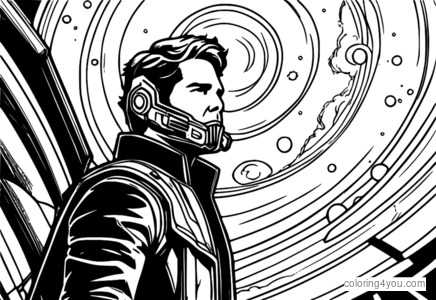 Star-Lord flottant dans l'espace avec un fond cosmique coloré.