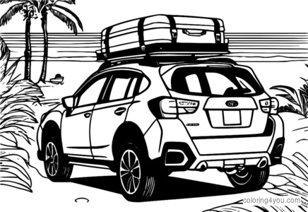 햇살 가득한 해변의 흰색 Subaru Crosstrek 안에 있는 4인 가족